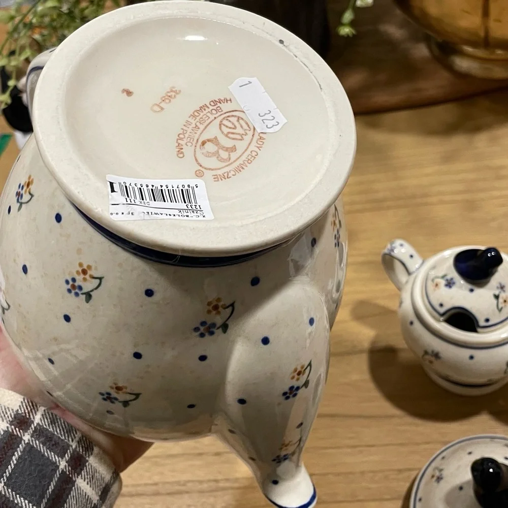 Blue Rose Polish Pottery Country Meadow 3 PC Coffee Pot Set with Bird Topper